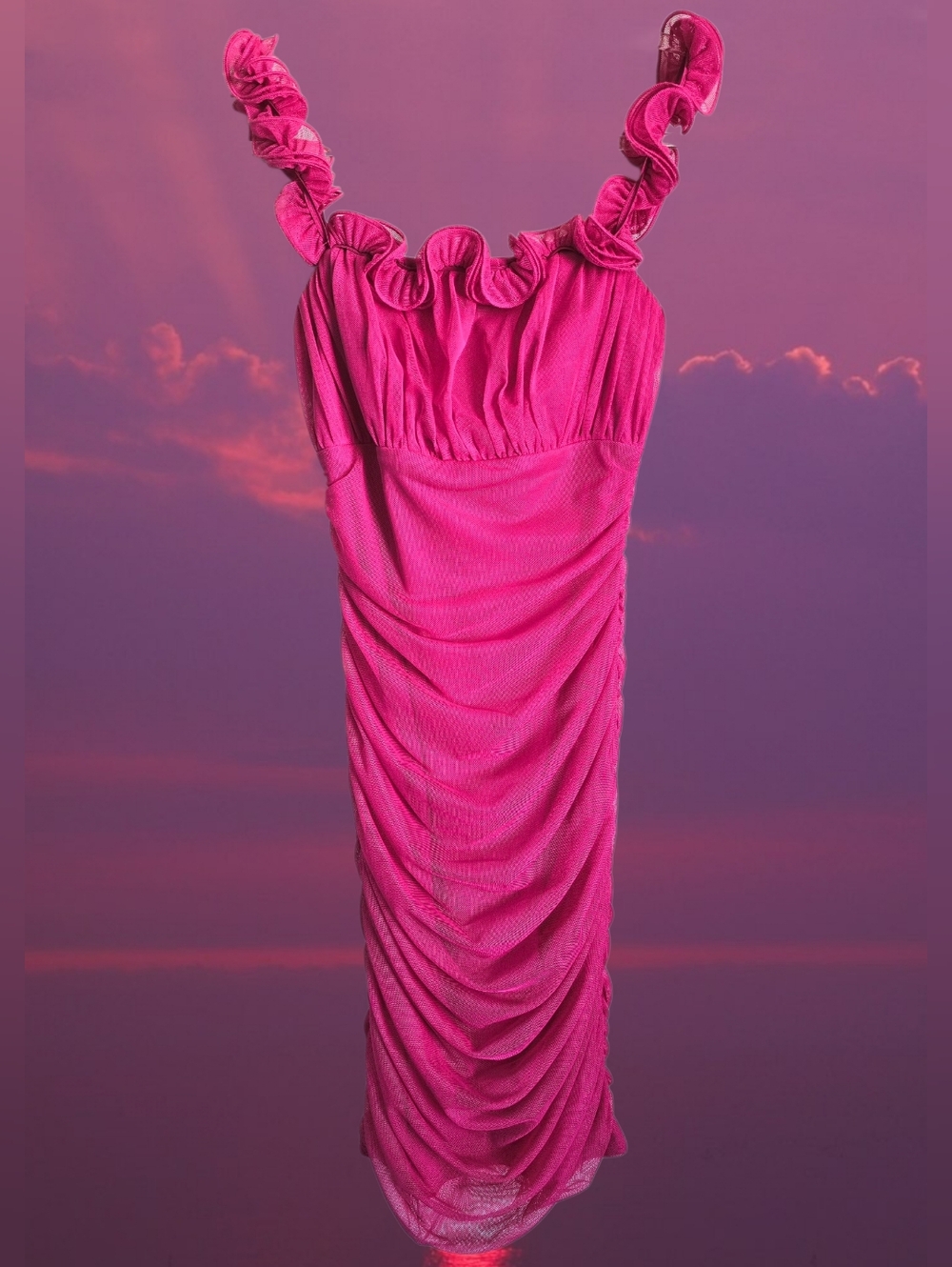 😍Y2K Hot Pink Mesh Ruched Ruffle Bodycon Mini Party Dress😍
